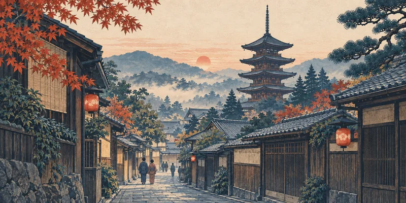 Woodblock-inspired illustration of a quiet Kyoto lane, wooden houses and a five-storey pagoda.