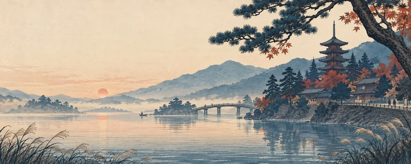 Woodblock-inspired illustration of an imagined Japanese riverside, mountains and pagoda.