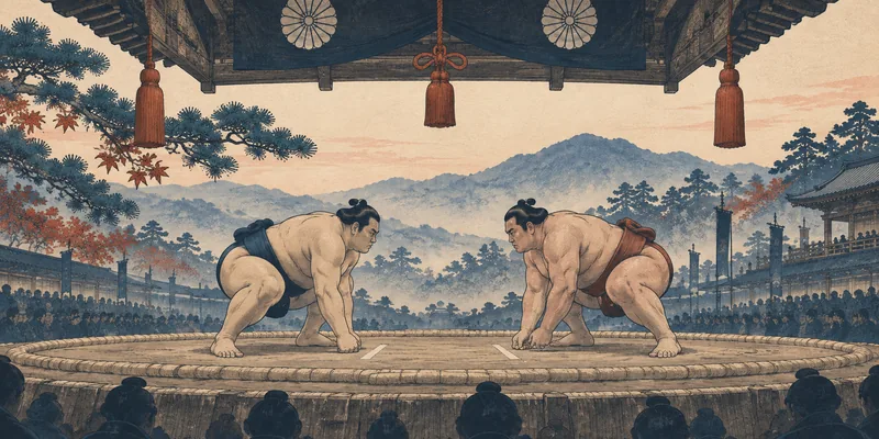 Woodblock-inspired illustration of two sumo wrestlers preparing for a bout in an imagined arena.
